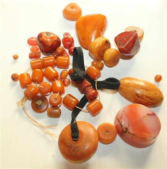2 necklaces, agate bracelet, coral brooch, 8 other items